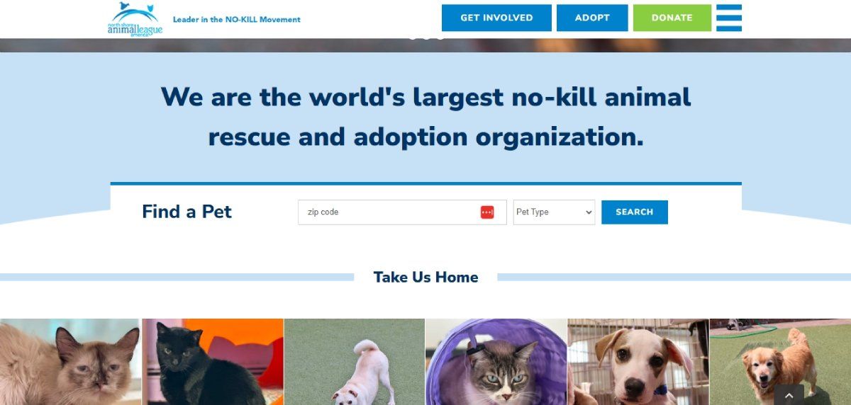 A screenshot of the home page of animalleague.org