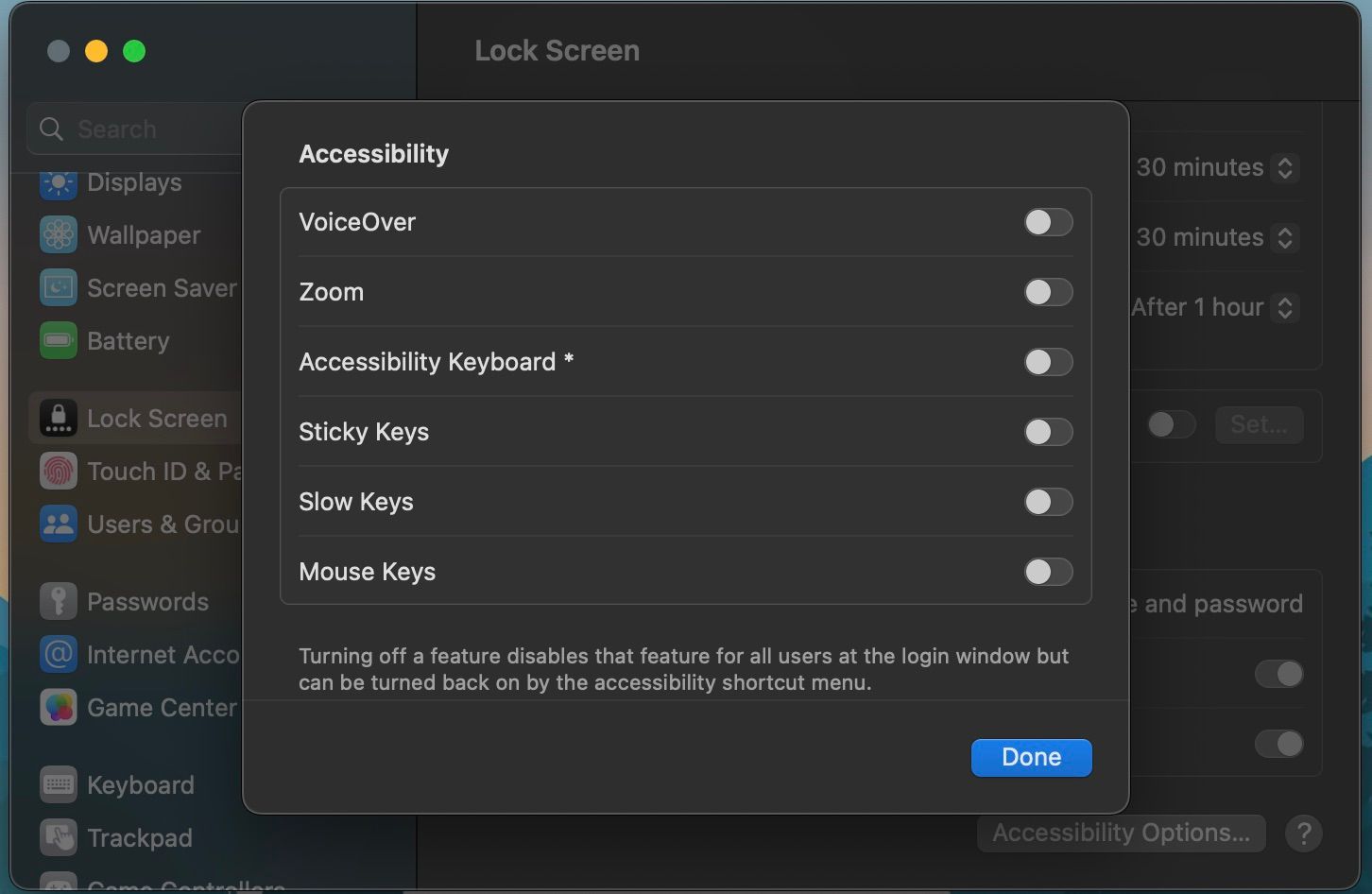 Accessibility menu in the Lock Screen panel of System Settings
