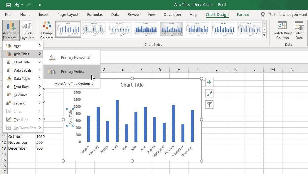 Menambahkan judul sumbu menggunakan tab Desain Bagan di Excel