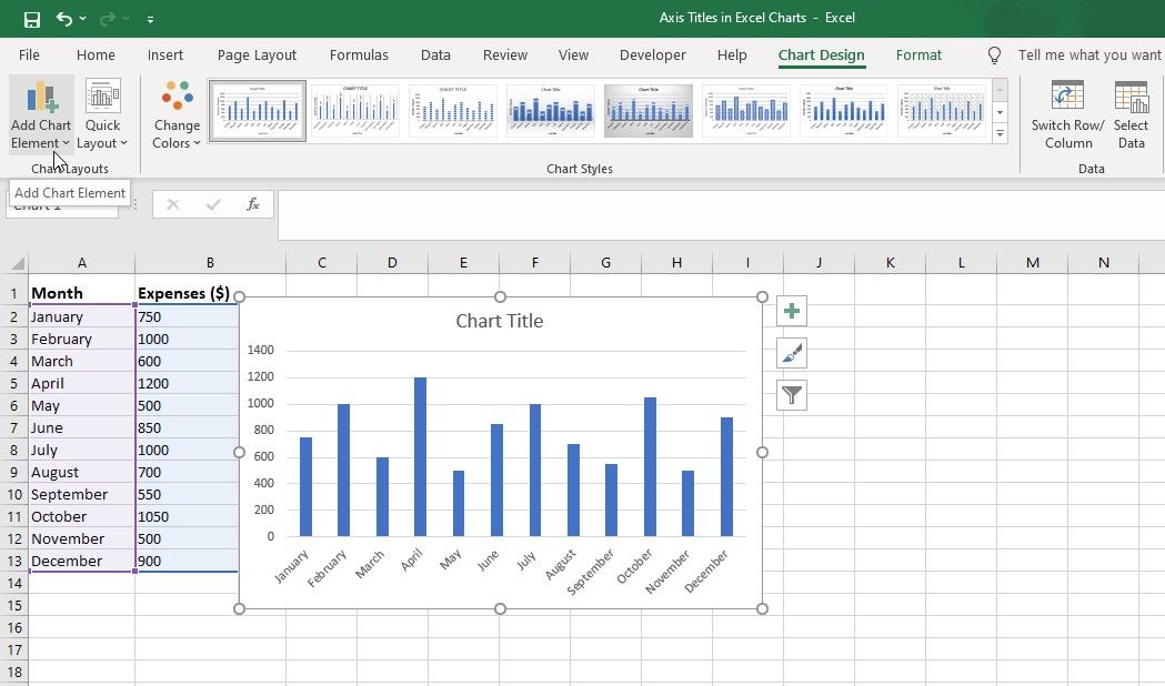 Chọn tùy chọn Chart Elements trong Excel