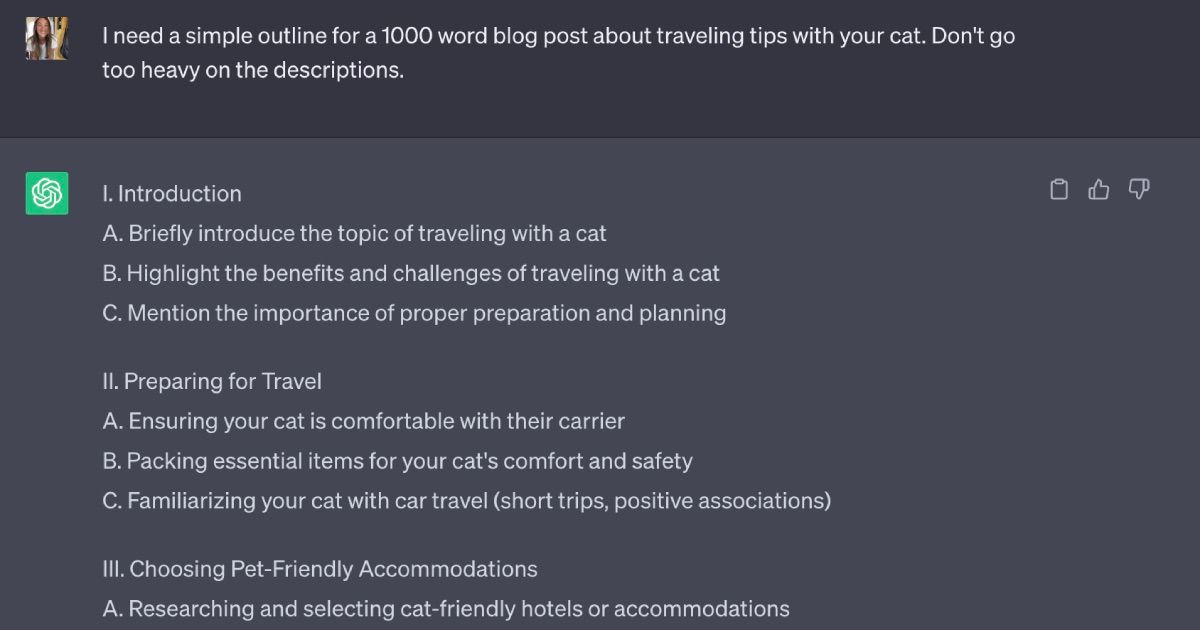 AI Writing Assistant tạo dàn ý cho một bài đăng trên blog về việc đi du lịch với một chú mèo