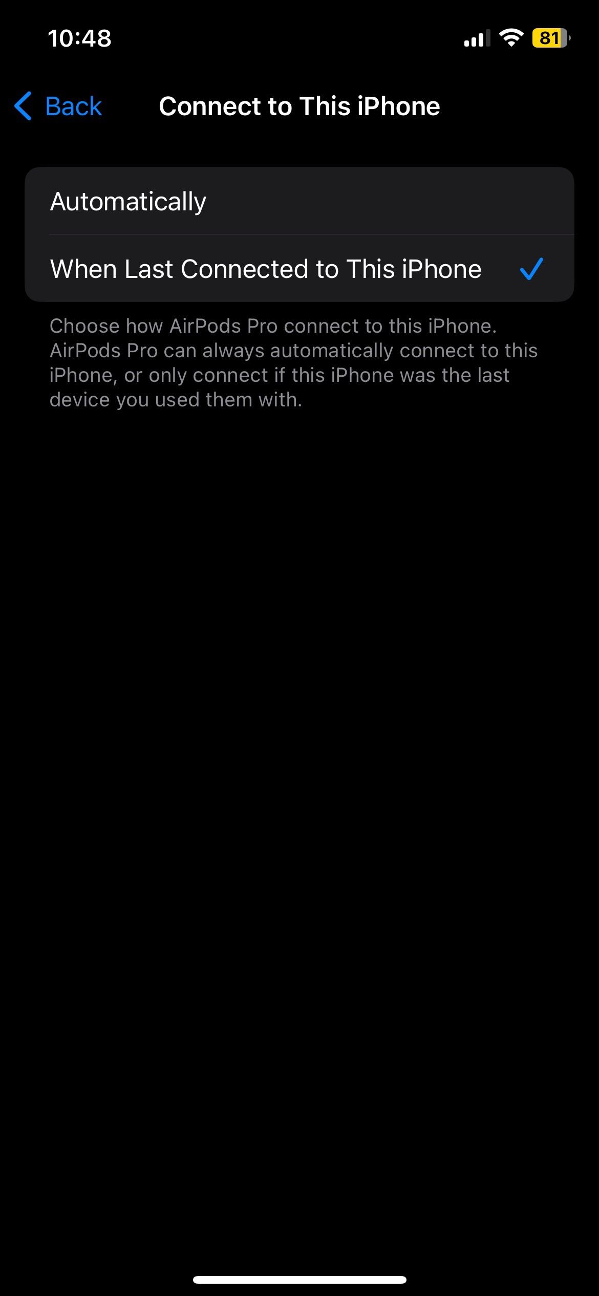 AirPods Connect to this iPhone settings page