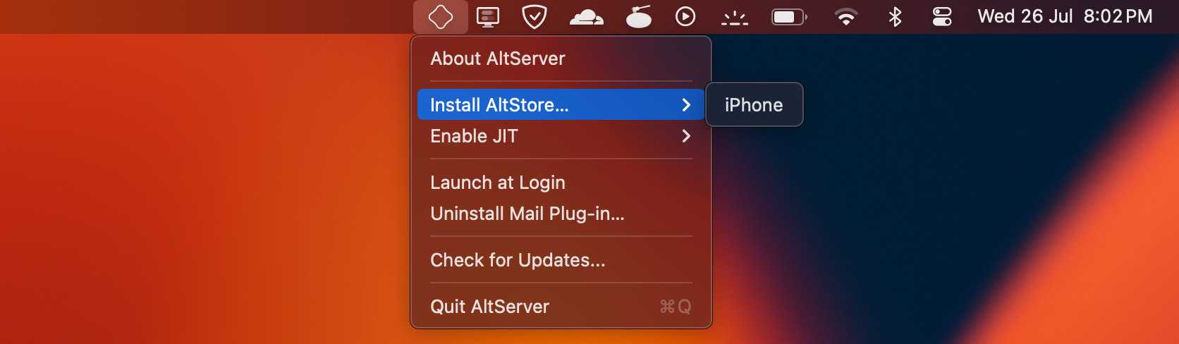 منوی AltStore در macOS با گزینه install on iPhone برجسته شده است