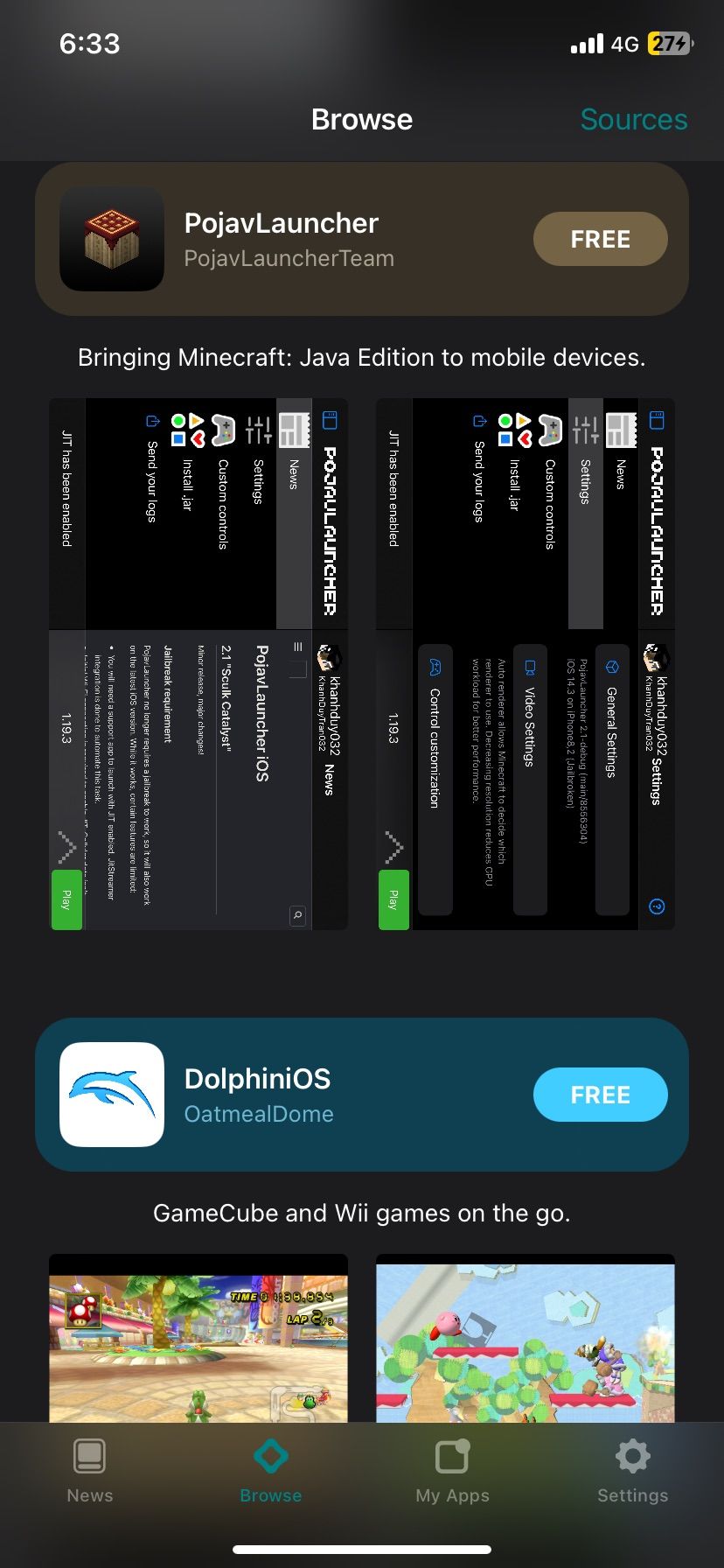 منوی فروشگاه AltStore، با گزینه نصب PojavLauncher یا شبیه ساز DolphinOS.