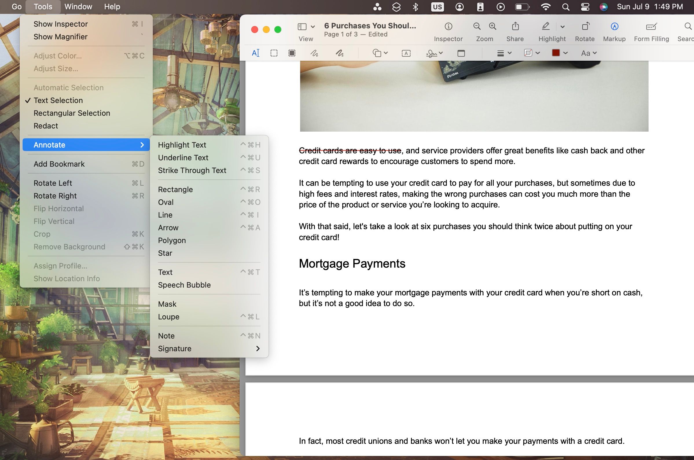 Annotate menu opened in Preview