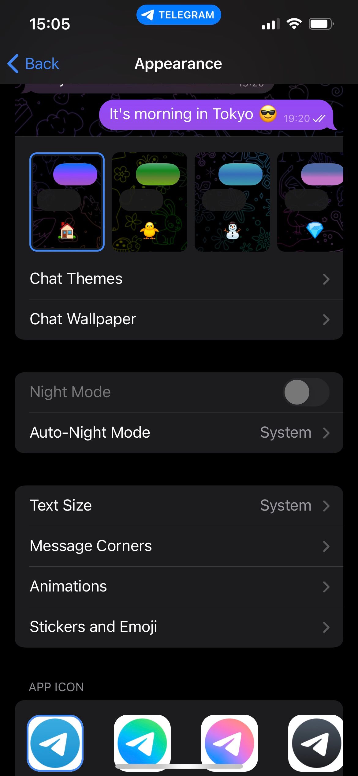 Appearance panel in Telegram's settings