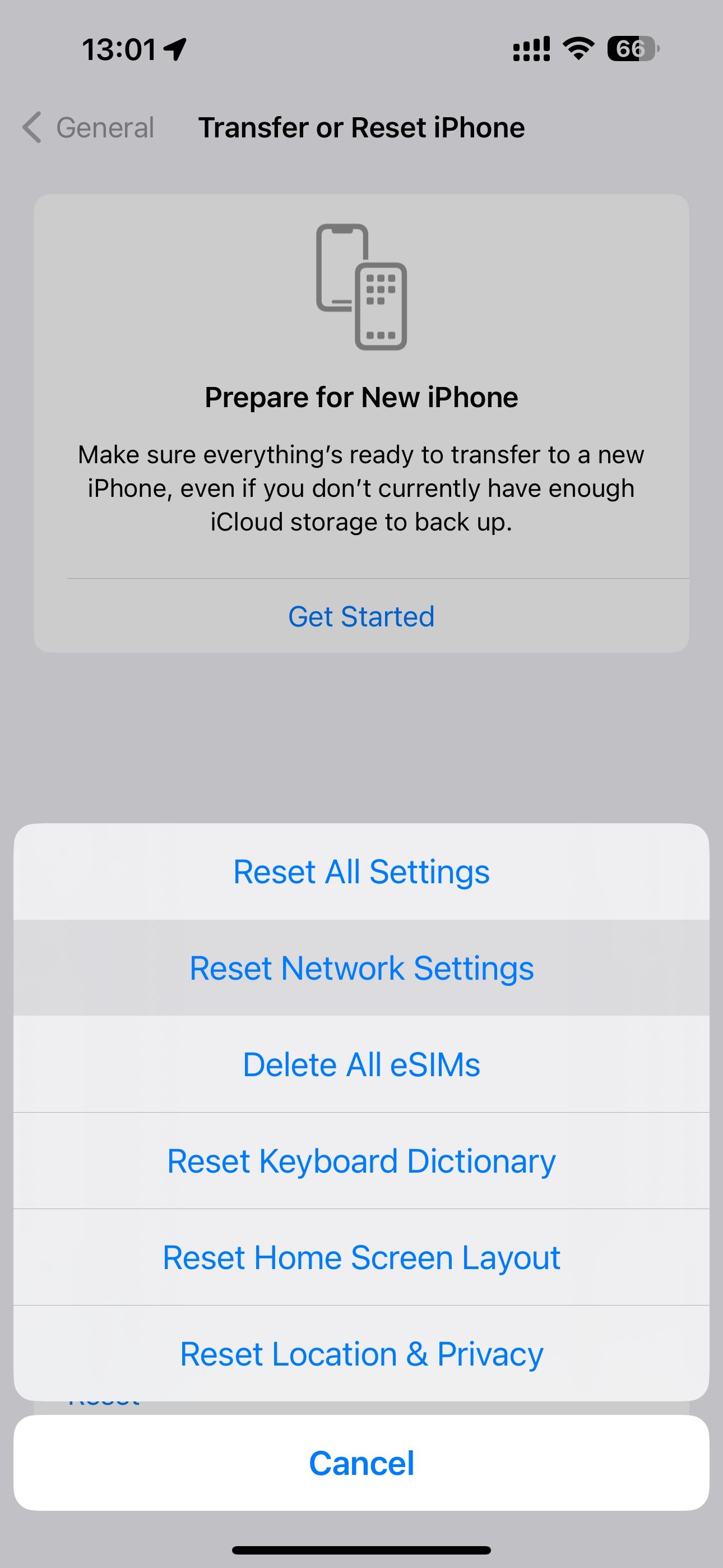 The iPhone's Setting app with the Reset Network Settings option highlighted