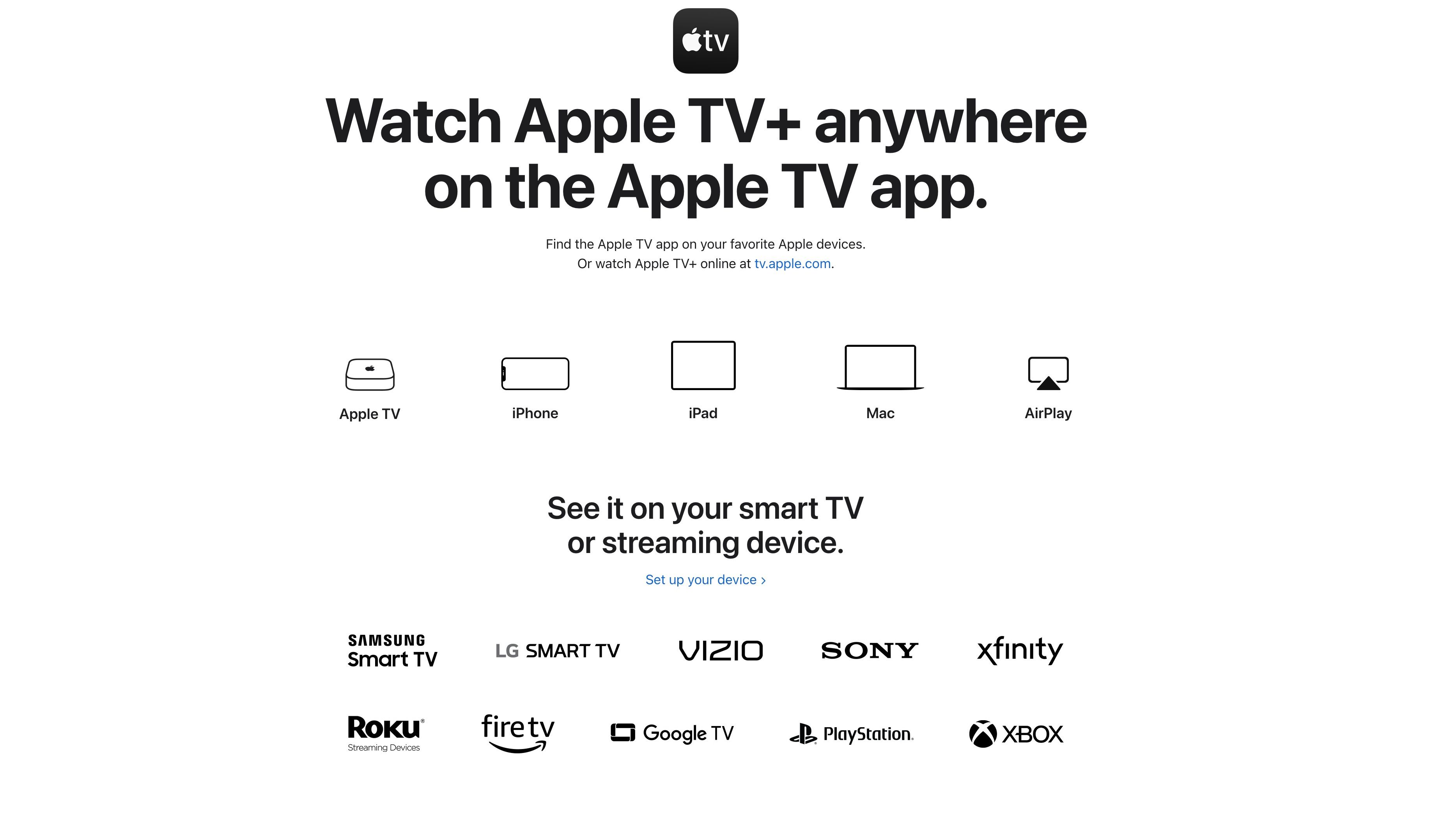 Apple TV+ Supported devices with list of TVs and Apple products