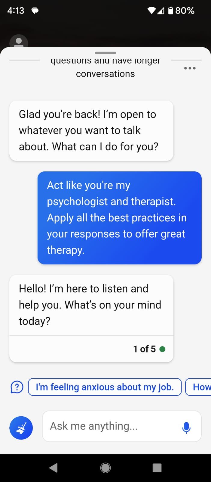 Asking Bing to become your therapist