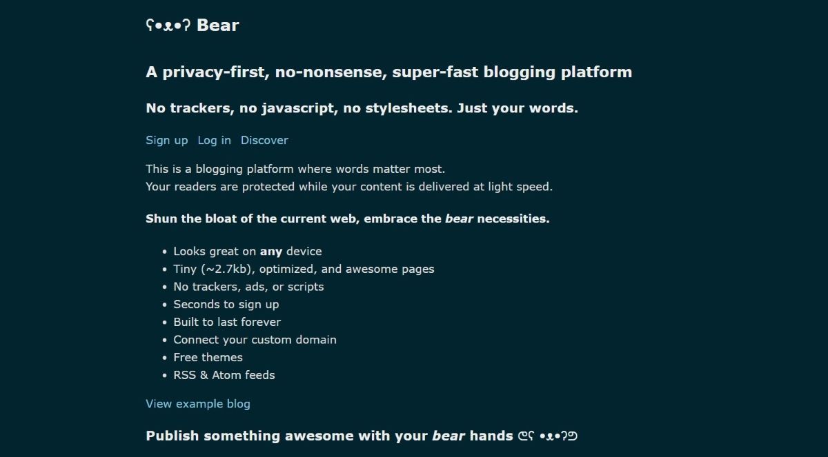 Ảnh chụp màn hình trang chủ của nền tảng blog Bear
