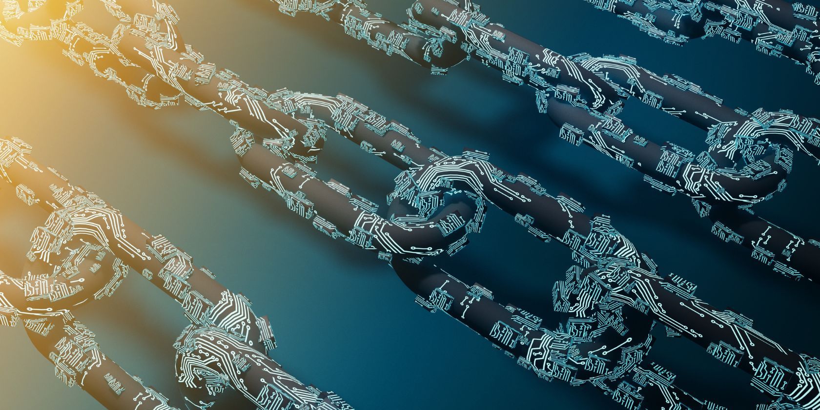 digital graphic of blue blockchain structure close up