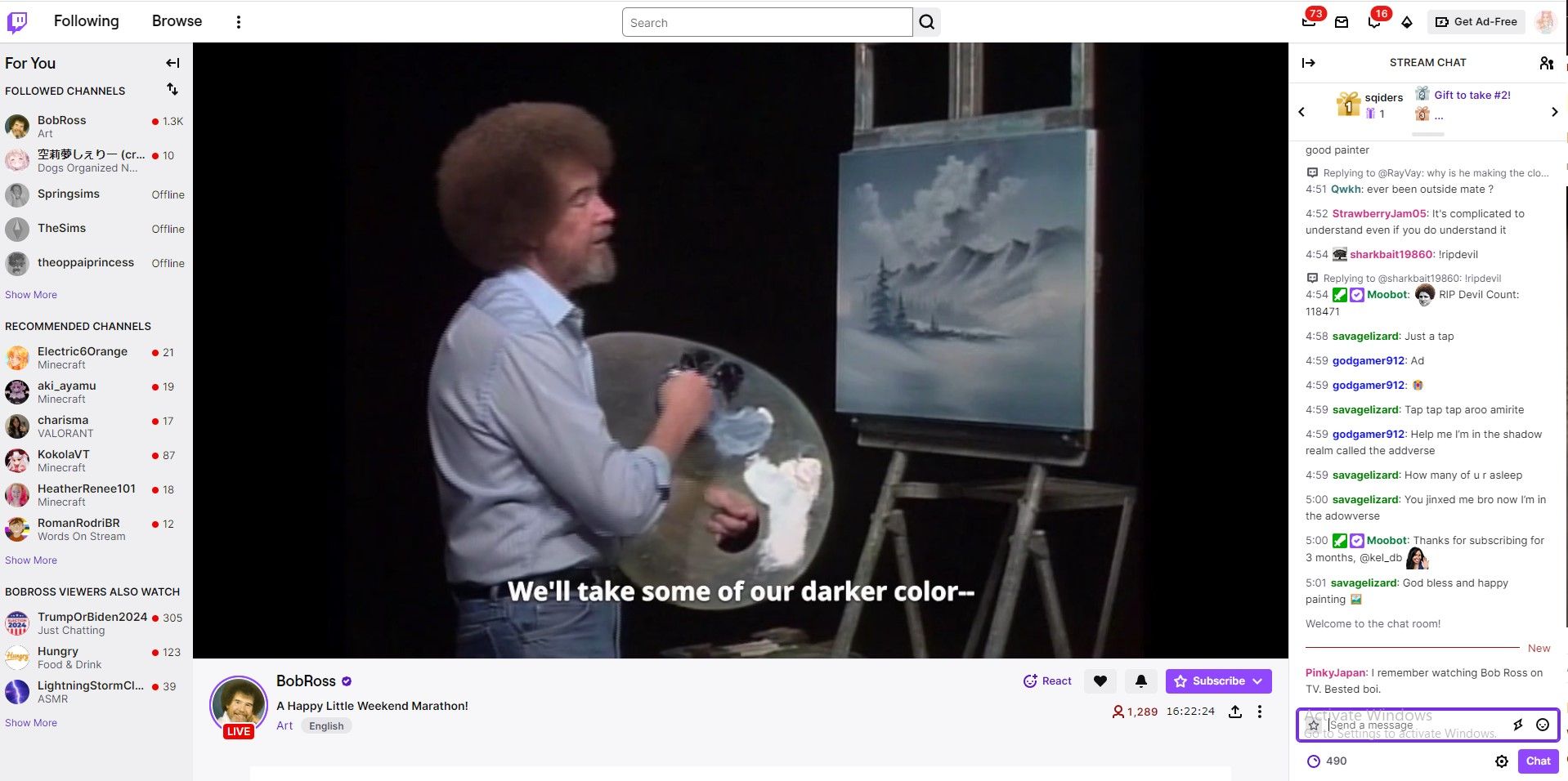Legendary painter Bob Ross painting on Twitch via the official Bob Ross channel