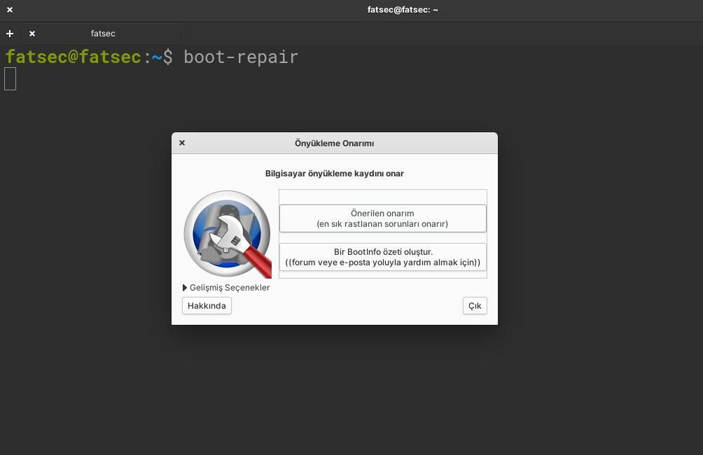 welcome screen of boot-repair tool