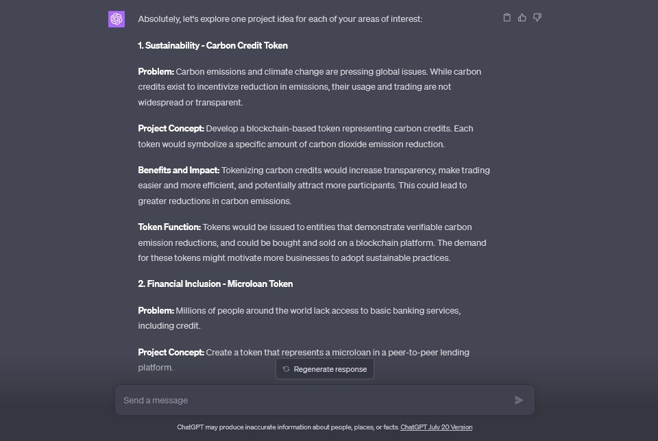 Screenshot of ChatGPT Brainstorming Token Project Ideas