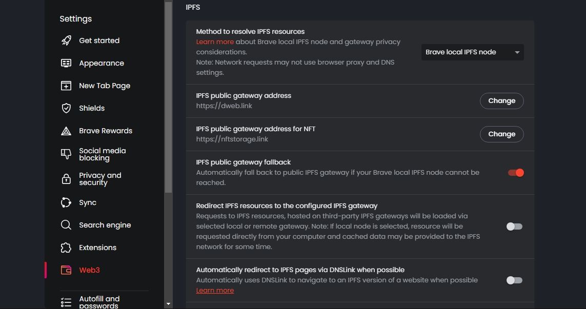 اسکرین شات تنظیمات IPFS Brave