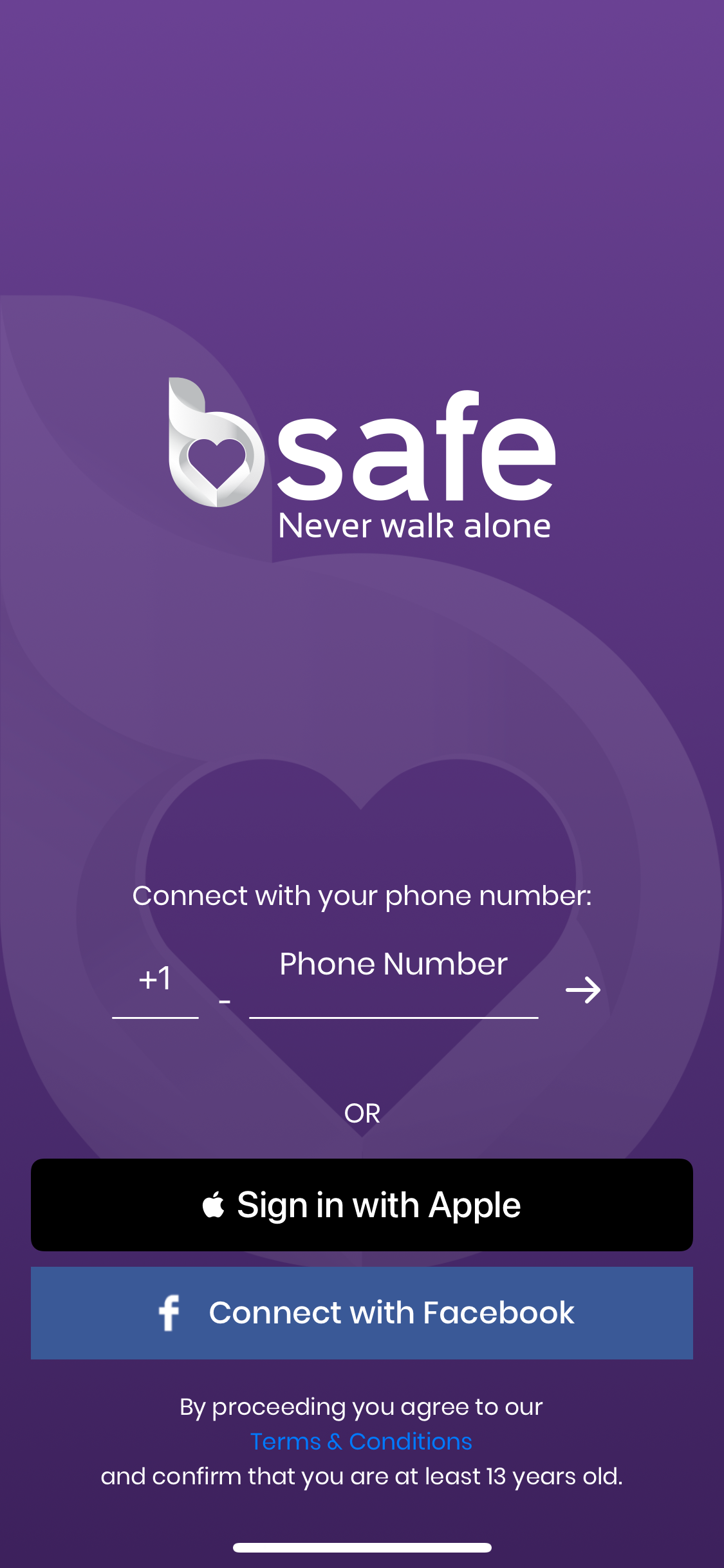 Screenshot of bSafe app signup screen.