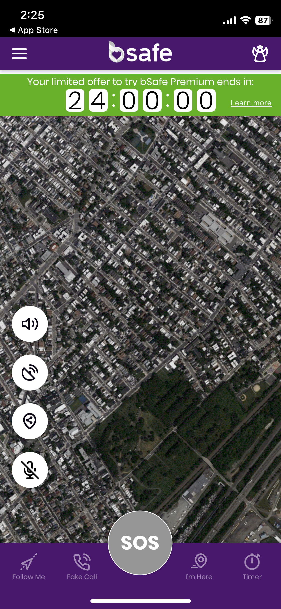 Screenshot of bSafe app showing location screen.