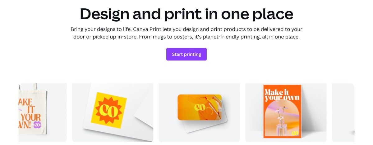 Canva printing services main page