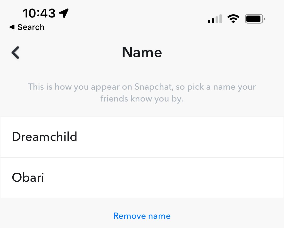 Change name panel in Snapchat's settings