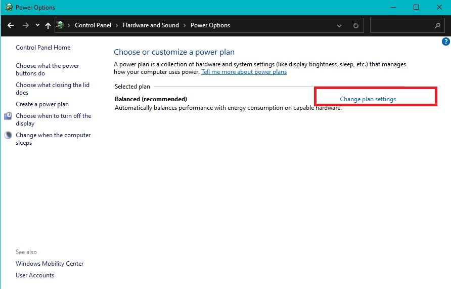 گزینه Plan Settings را در کنترل پنل تغییر دهید