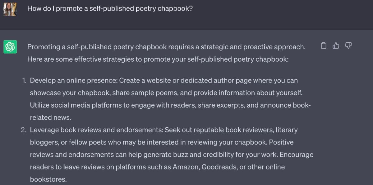 Ide ChatGPT tentang cara mempromosikan buku puisi