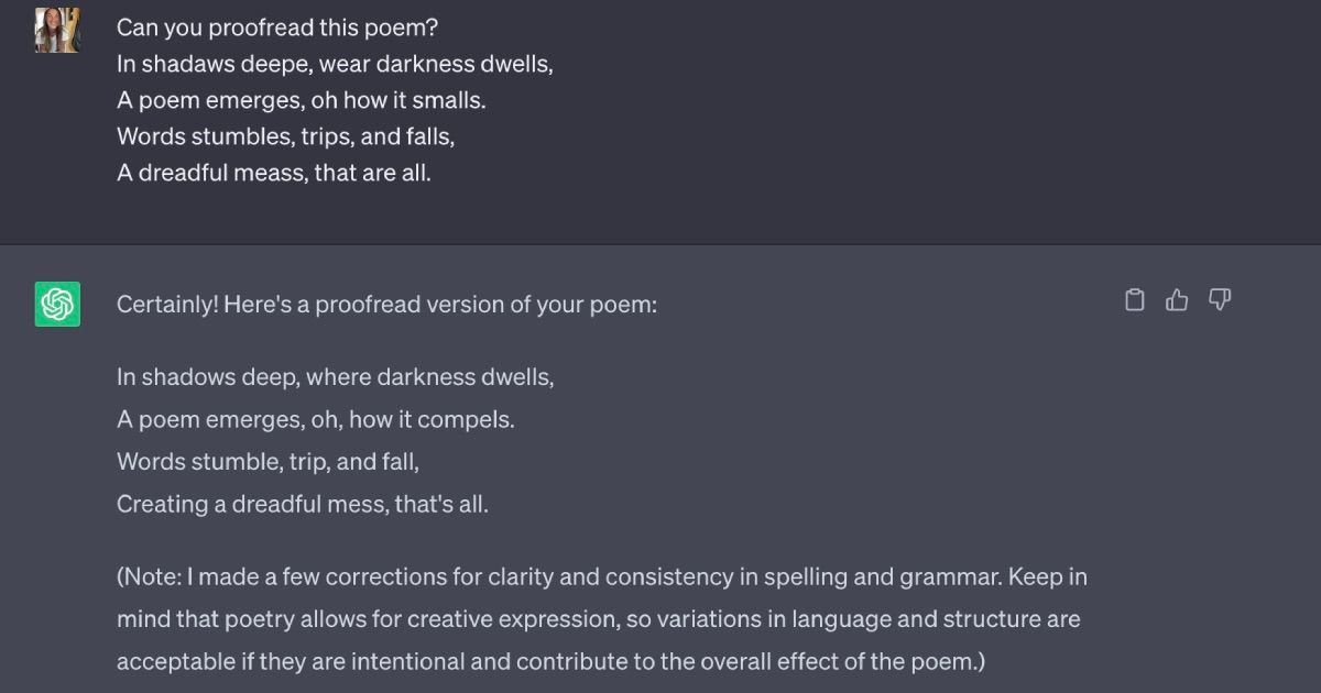 ChatGPT mengoreksi puisi dengan kesalahan tata bahasa