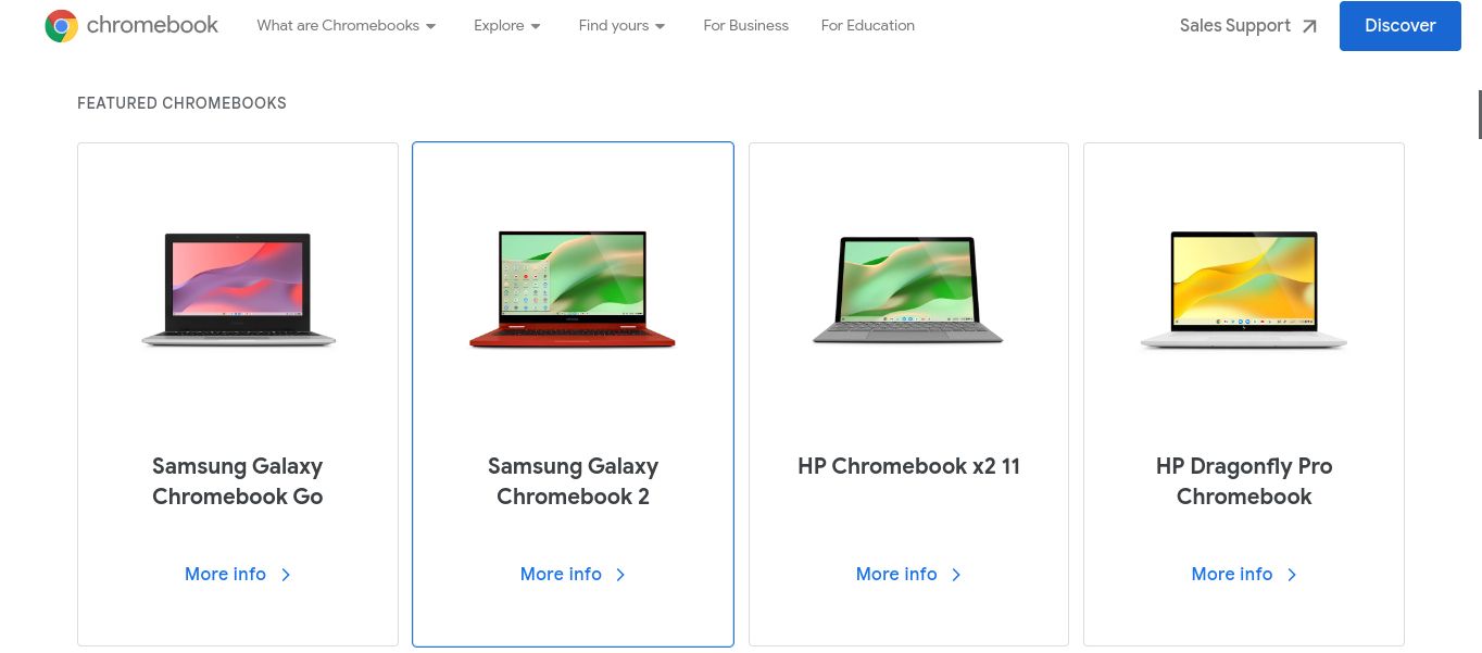 مدل‌های Chromebook برای فروش در ژوئیه 2023 در وب‌سایت رسمی Chromebook