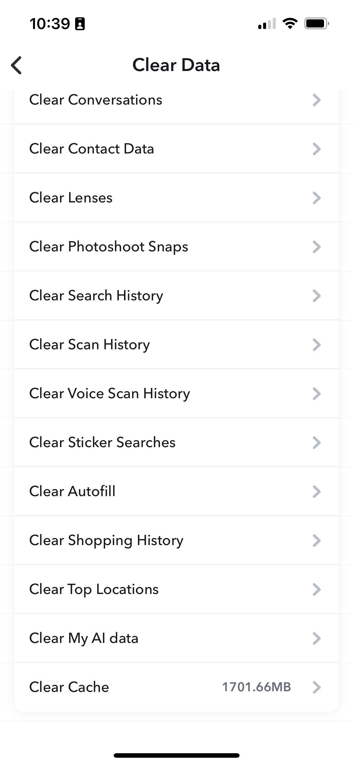Clear Data panel in Snapchat's settings