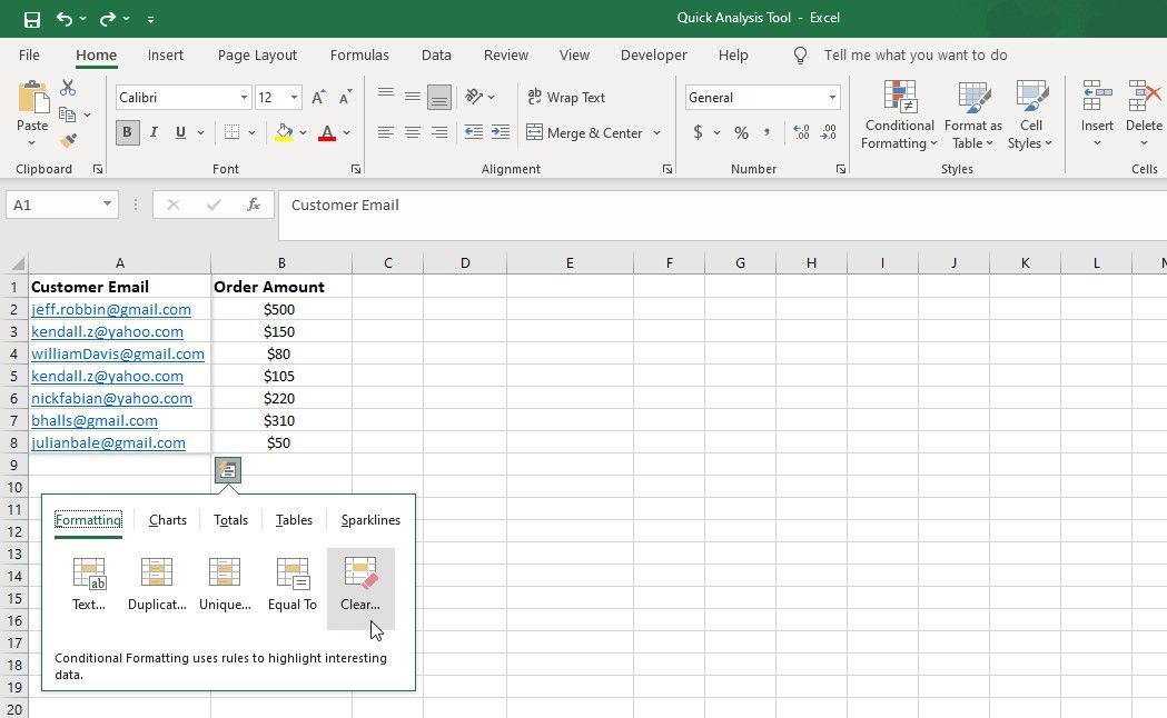 Tùy chọn Phân tích nhanh để loại bỏ các quy tắc định dạng có điều kiện trong Excel