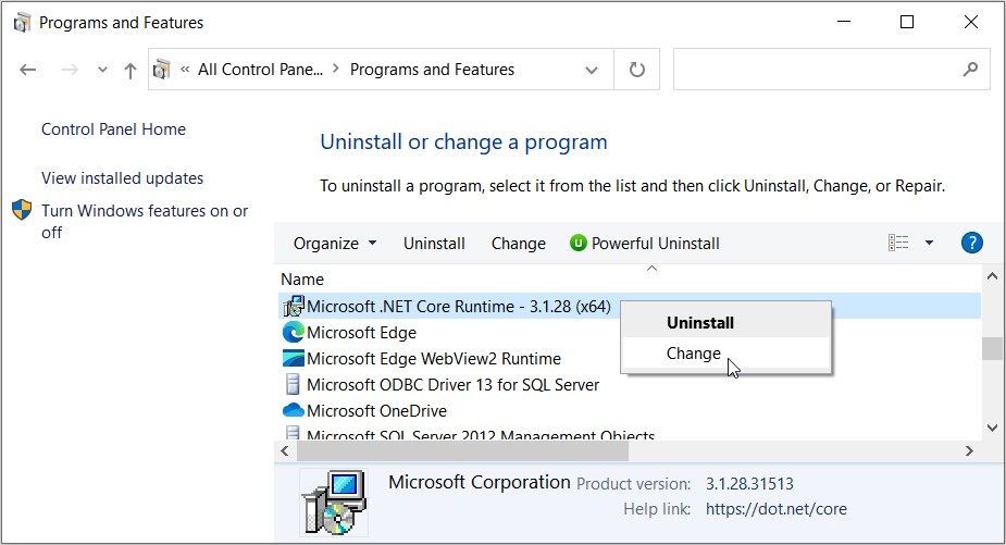 Щелчок " Изменить " в Microsoft .NET Core Runtime option