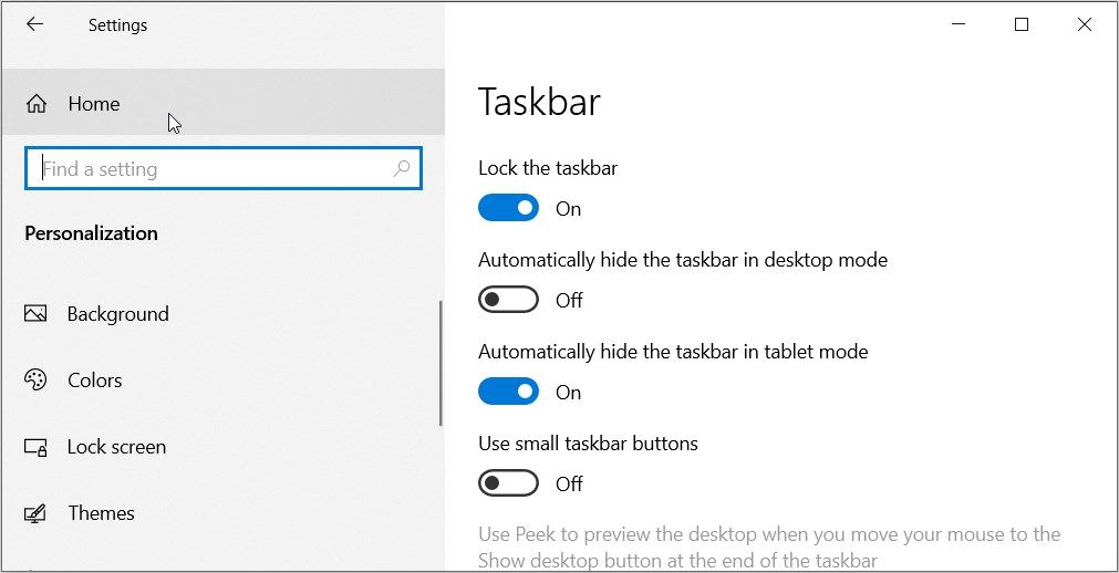 Clicking the Home button to exit the taskbar settings and access the complete system settings