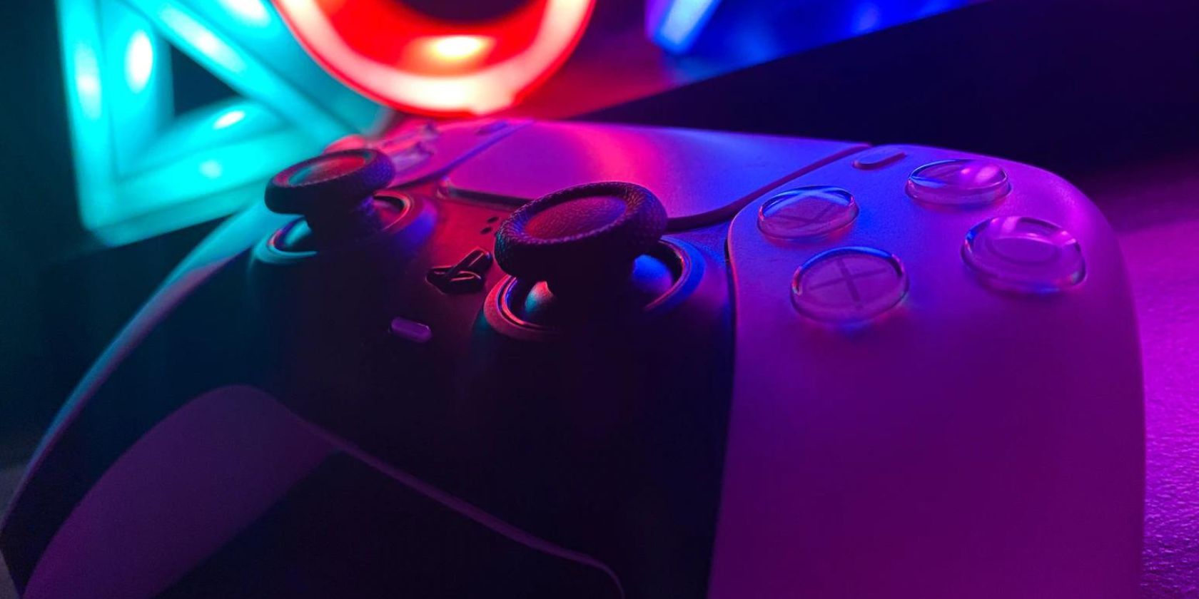 Close up Shot of PS5 DualSense Controller on RGB Background