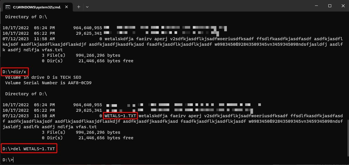 A command prompt window listing directory files using dir /x command.