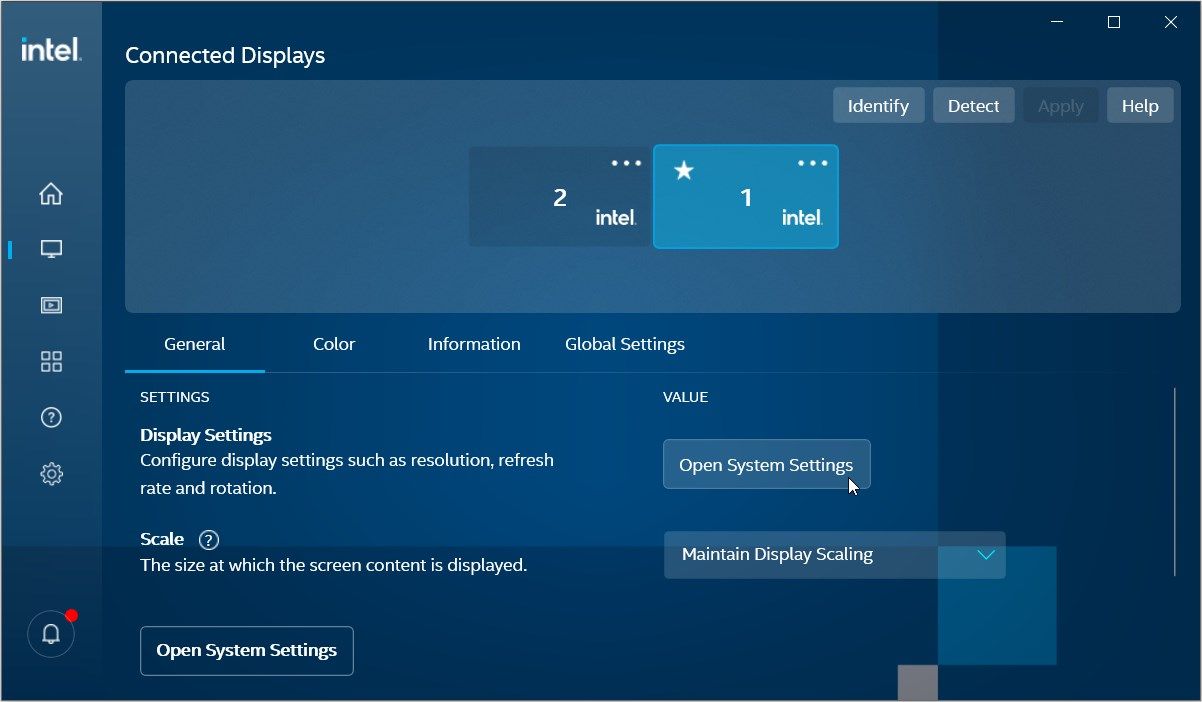 Настройка параметров разрешения экрана с помощью Центра управления графикой Intel