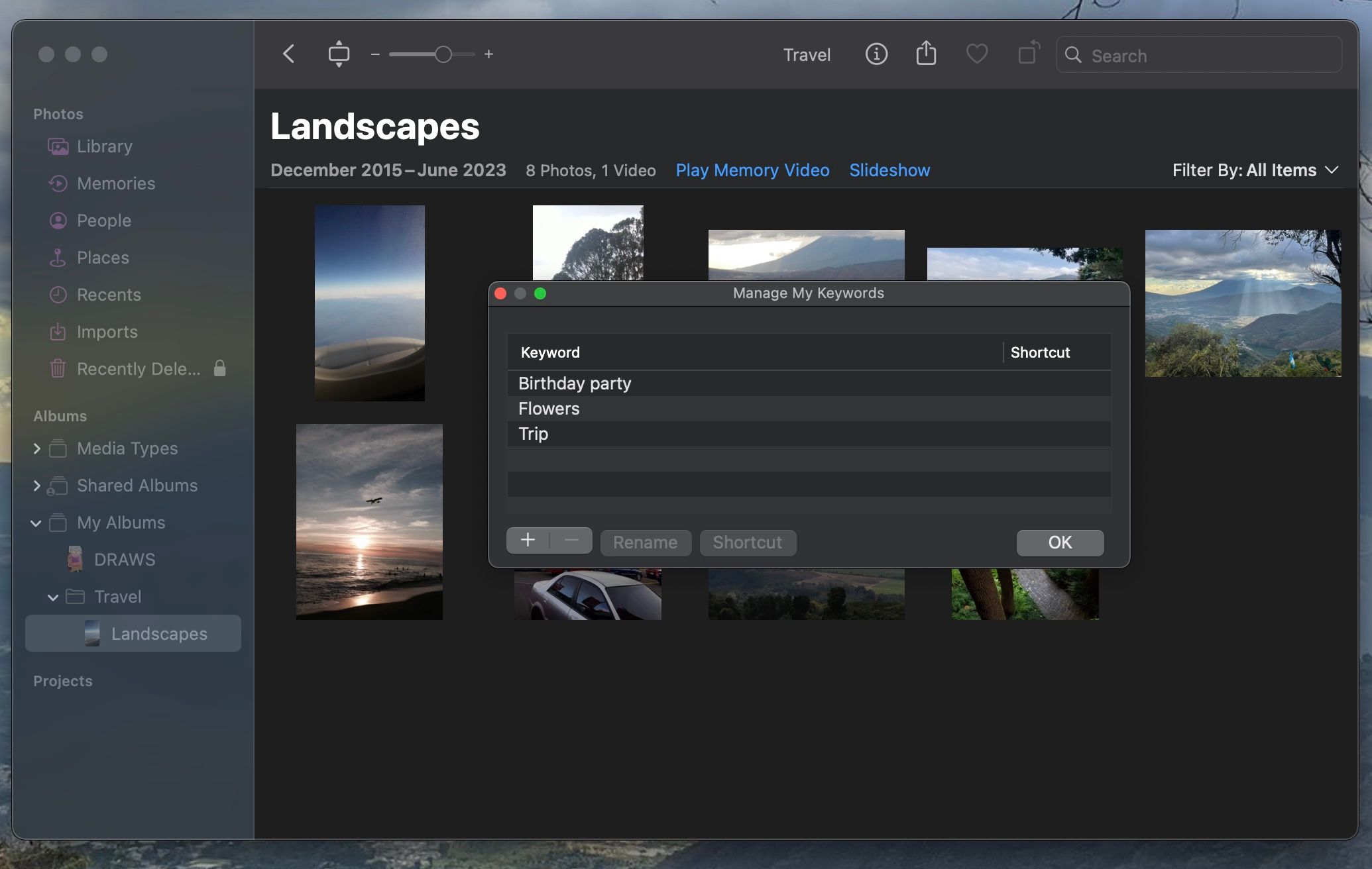 Keyword manager window in Photos app on Mac