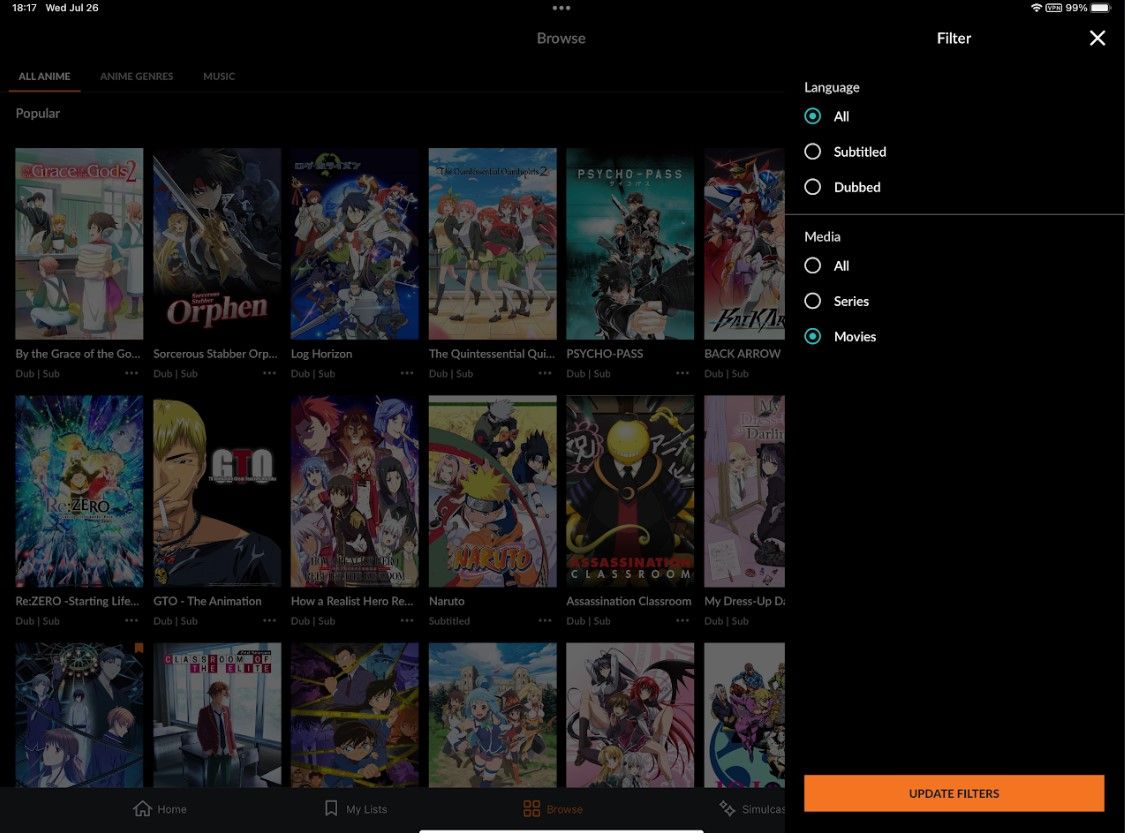 بر اساس فیلم در Crunchyroll فیلتر کنید تا فیلم‌های اکشن زنده را به راحتی پیدا کنید.