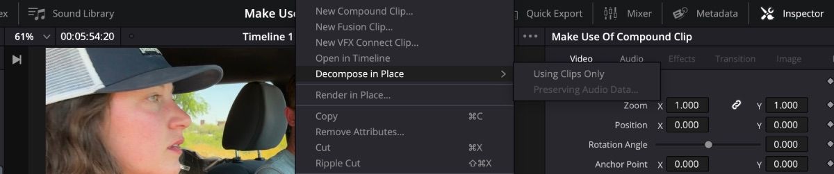 گزینه DaVinci Resolve Compound Clip Decompose