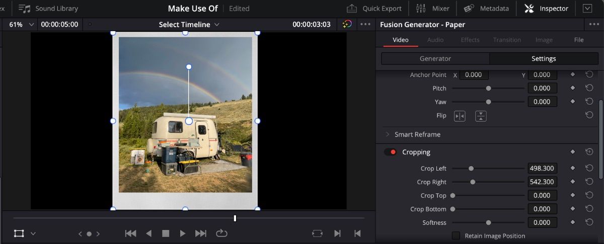 گزینه برش پلاروید DaVinci Resolve