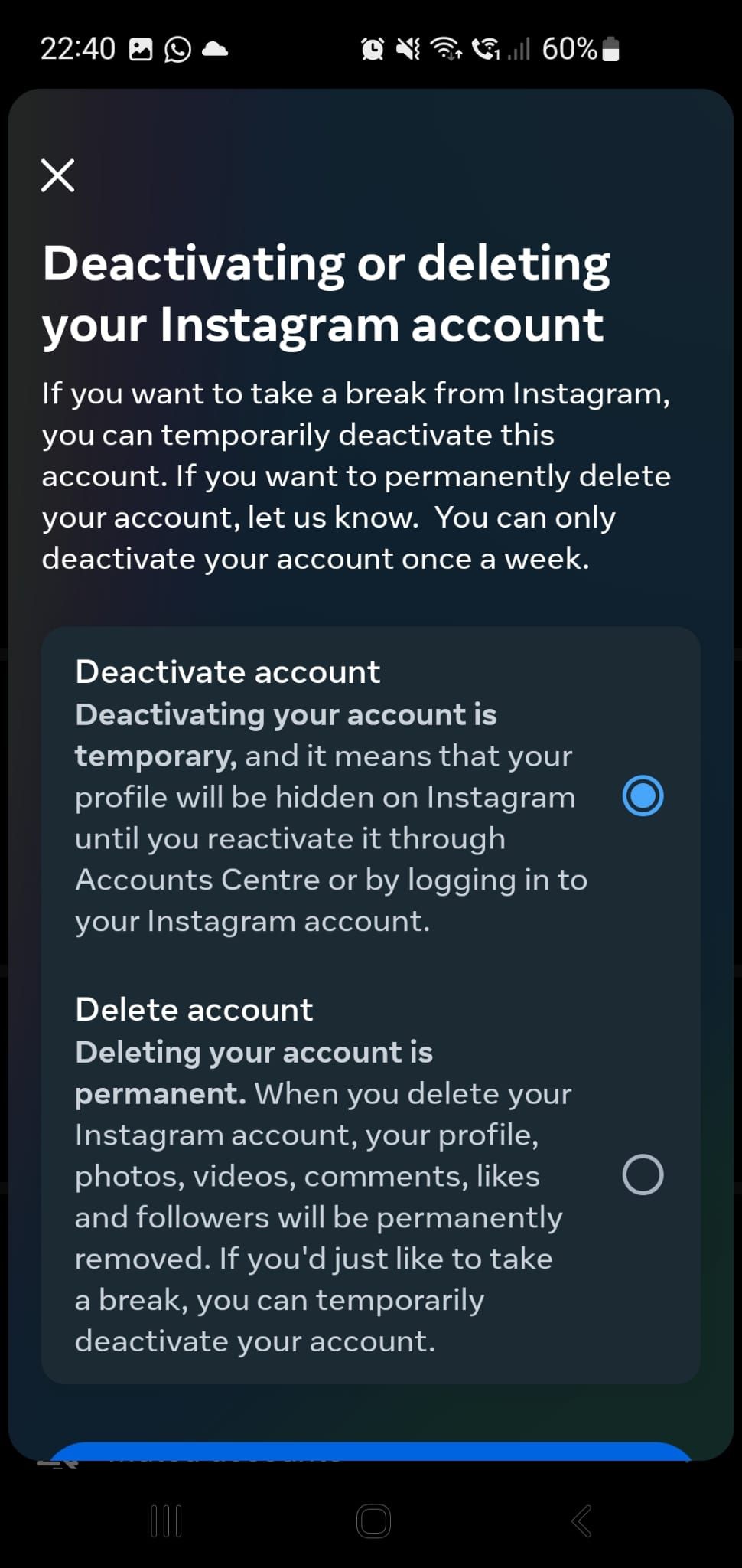Confirm IG account deactivation on Android