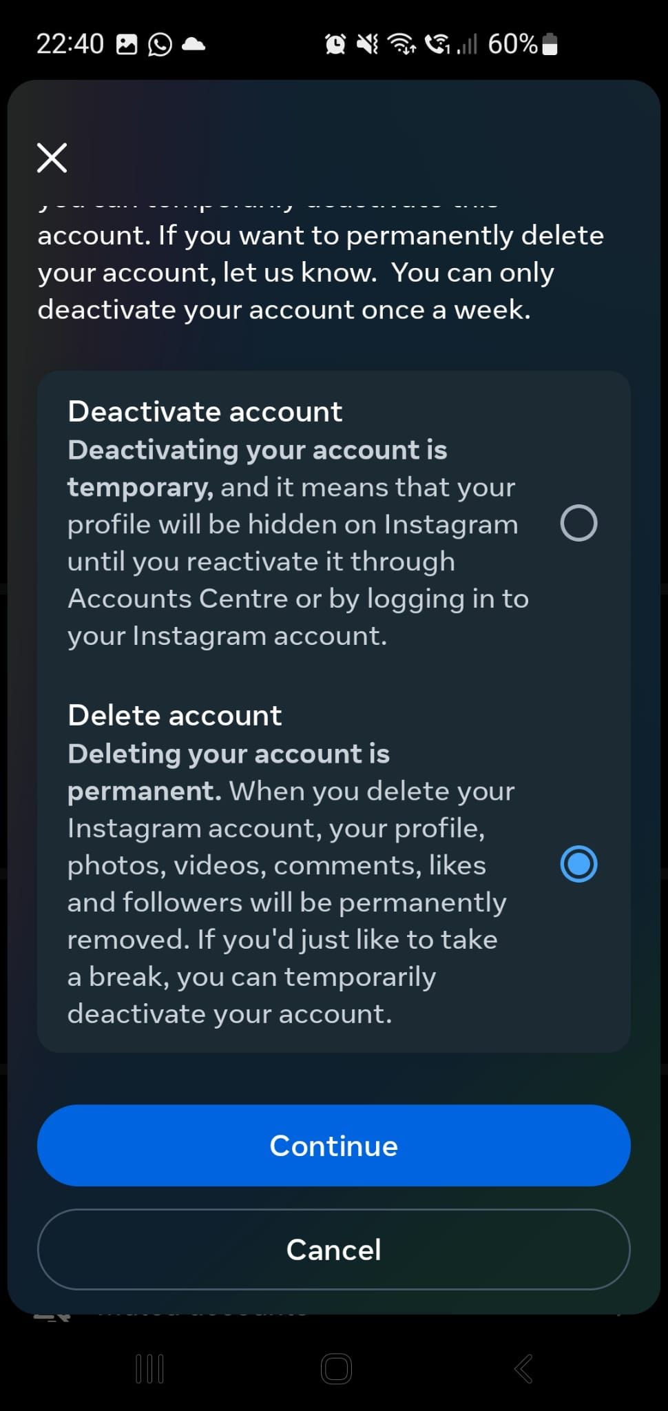 Delete IG account on Android