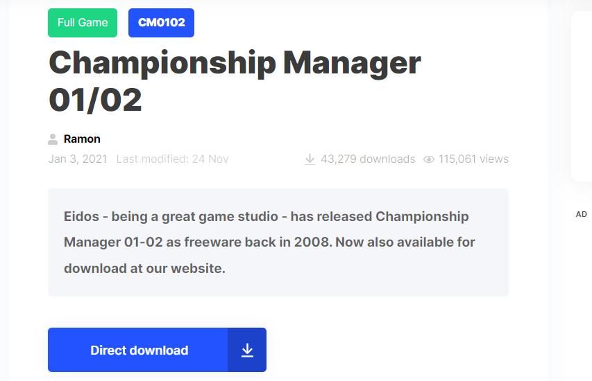 The Direct download option for Championship Manager 01/02
