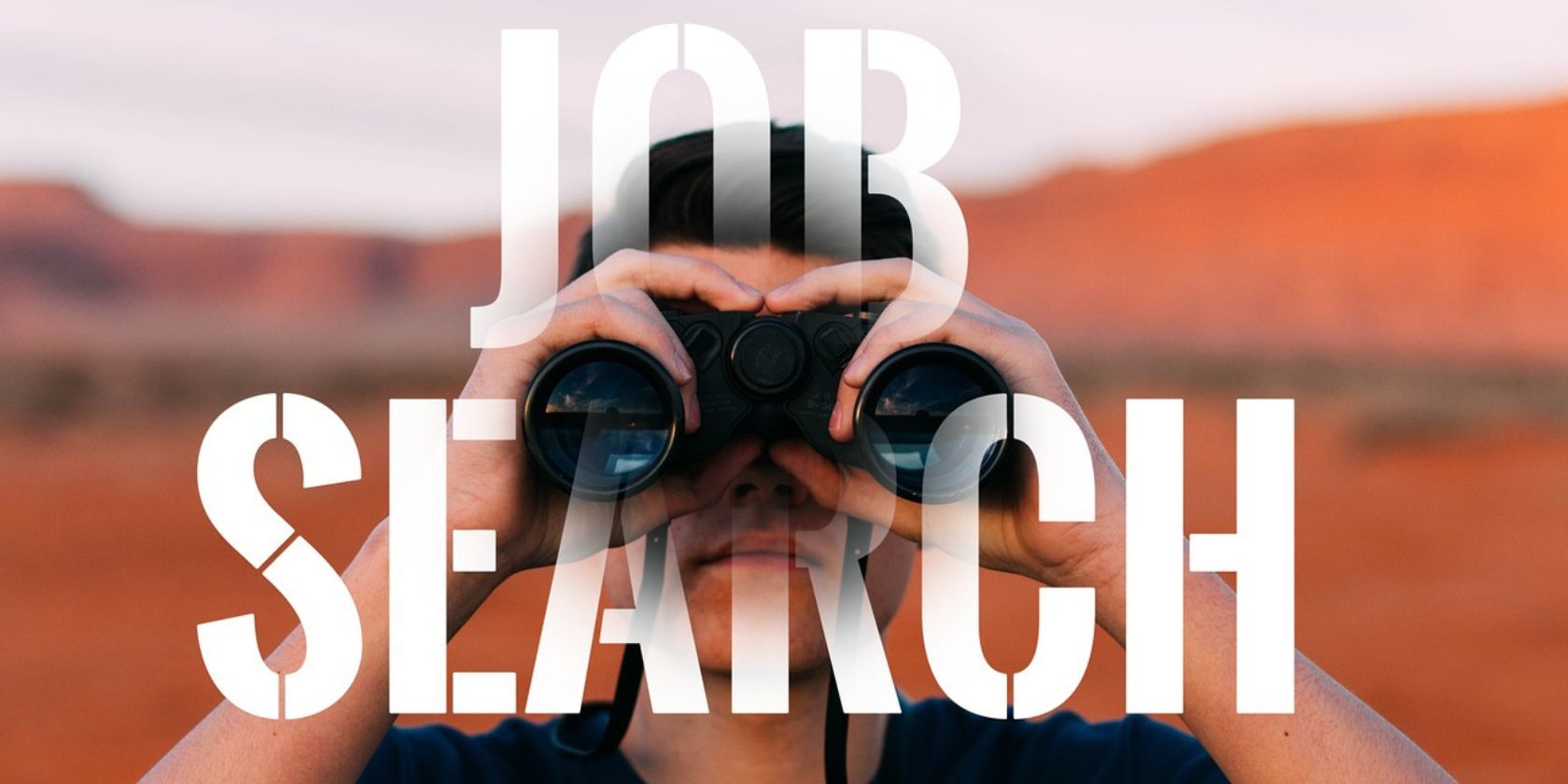 a man with binoculars and job search written on screen