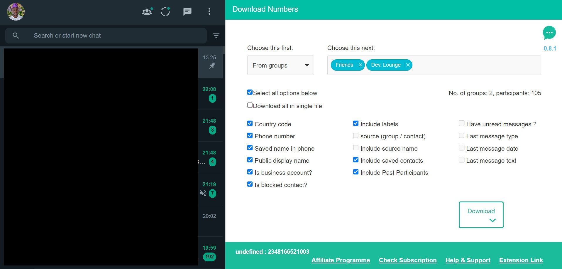 Baixe os contatos do grupo do WhatsApp Menu de download da extensão