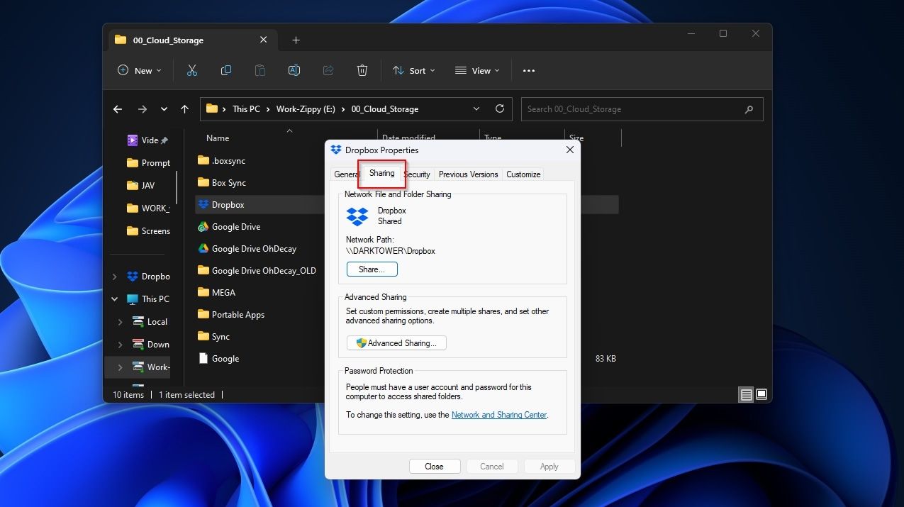 Общий доступ к папке Dropbox в проводнике Windows