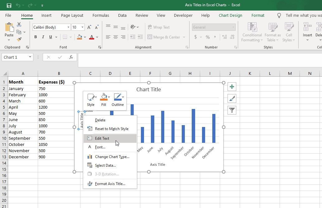 Edit opsi teks untuk mengubah judul sumbu di Excel