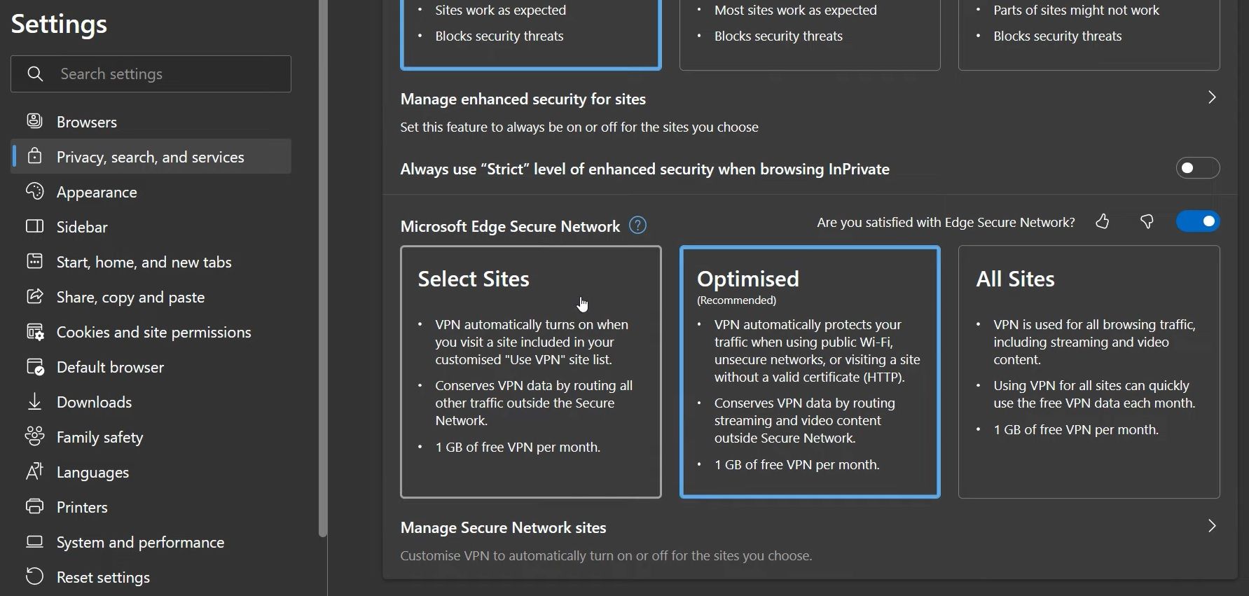 Menu Cài đặt của trình duyệt Edge đang hiển thị phần Mạng bảo mật của Microsoft Edge