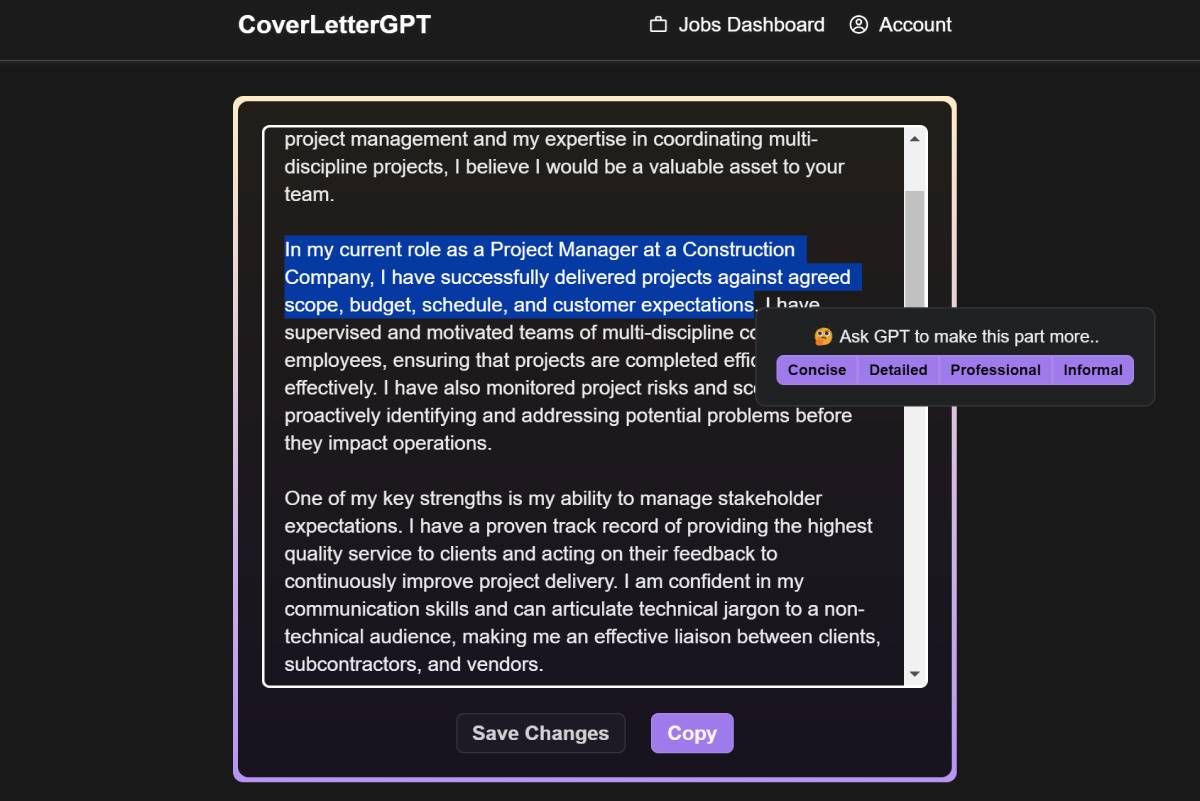 CoverLetterGPT là ứng dụng web miễn phí đơn giản nhất để tạo thư xin việc bằng ChatGPT, với các tùy chọn để thay đổi phong cách viết