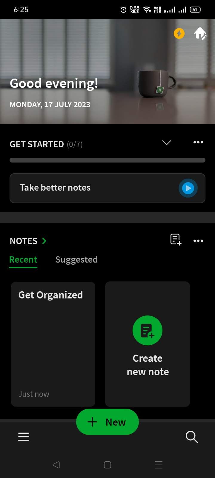 صفحه اصلی برنامه Evernote