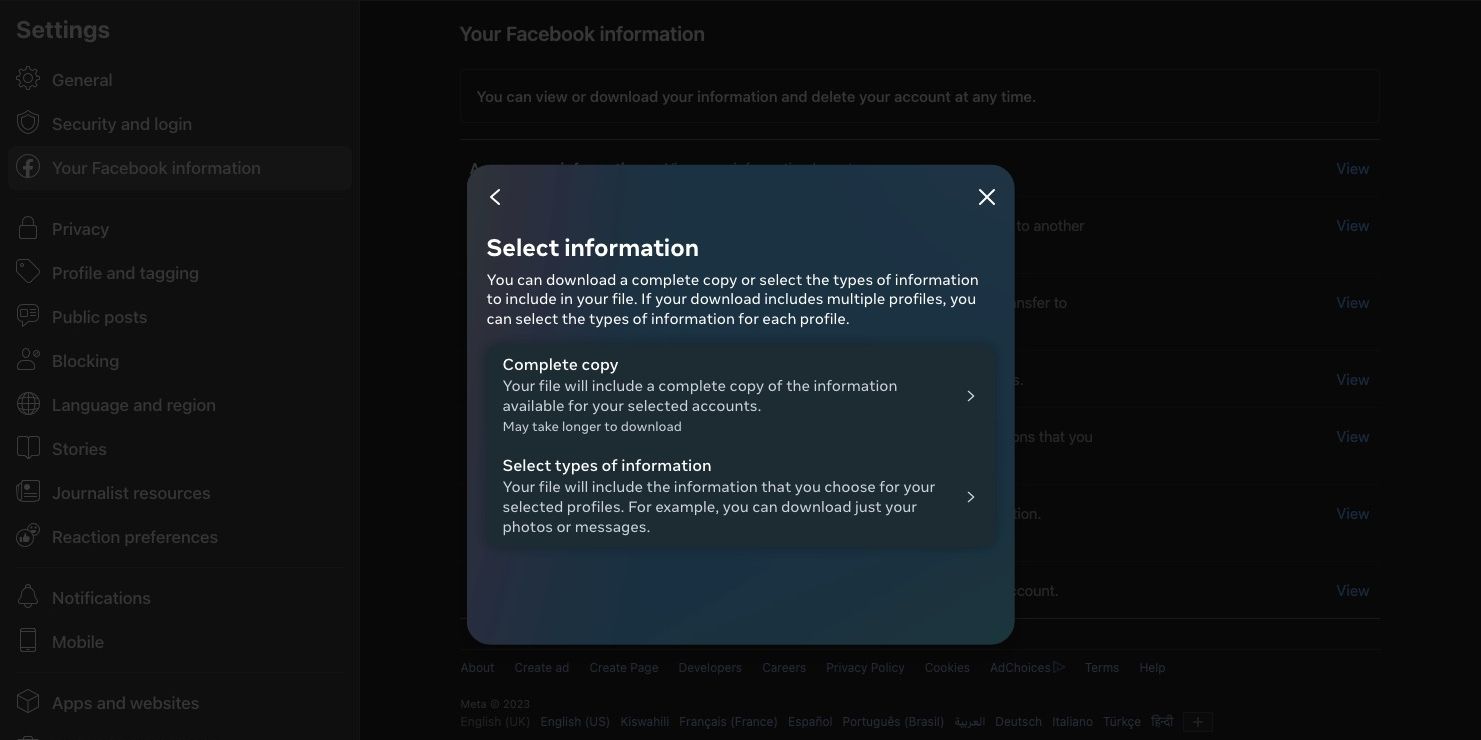 Selecting information to download on Facebook