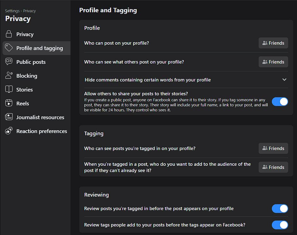 Facebook Profile and Tagging settings